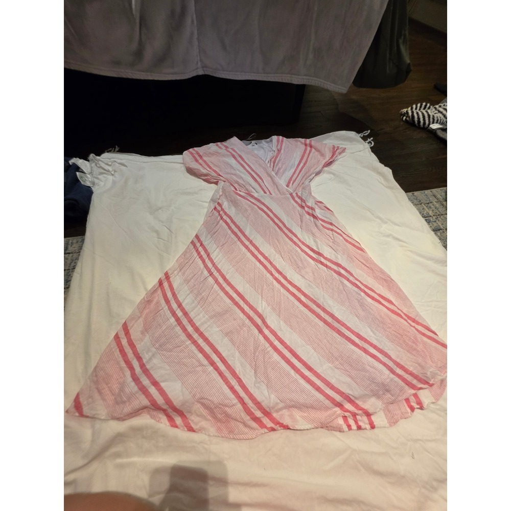 Sandra Darren Pink White Striped Wrap Midi Dress Womens 12 Flutter Sleeve